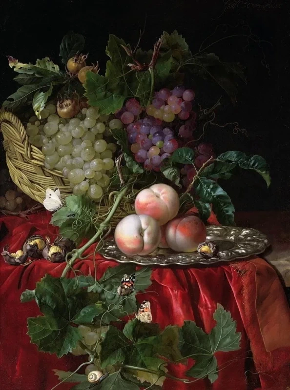 Natura morta con frutta, uva,castagne e cesto